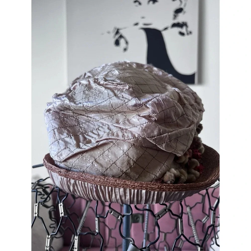 Vintage Lavender Quilted Silk Floral Toque Hat Mauve Pom Pom‎ Mid Century Style